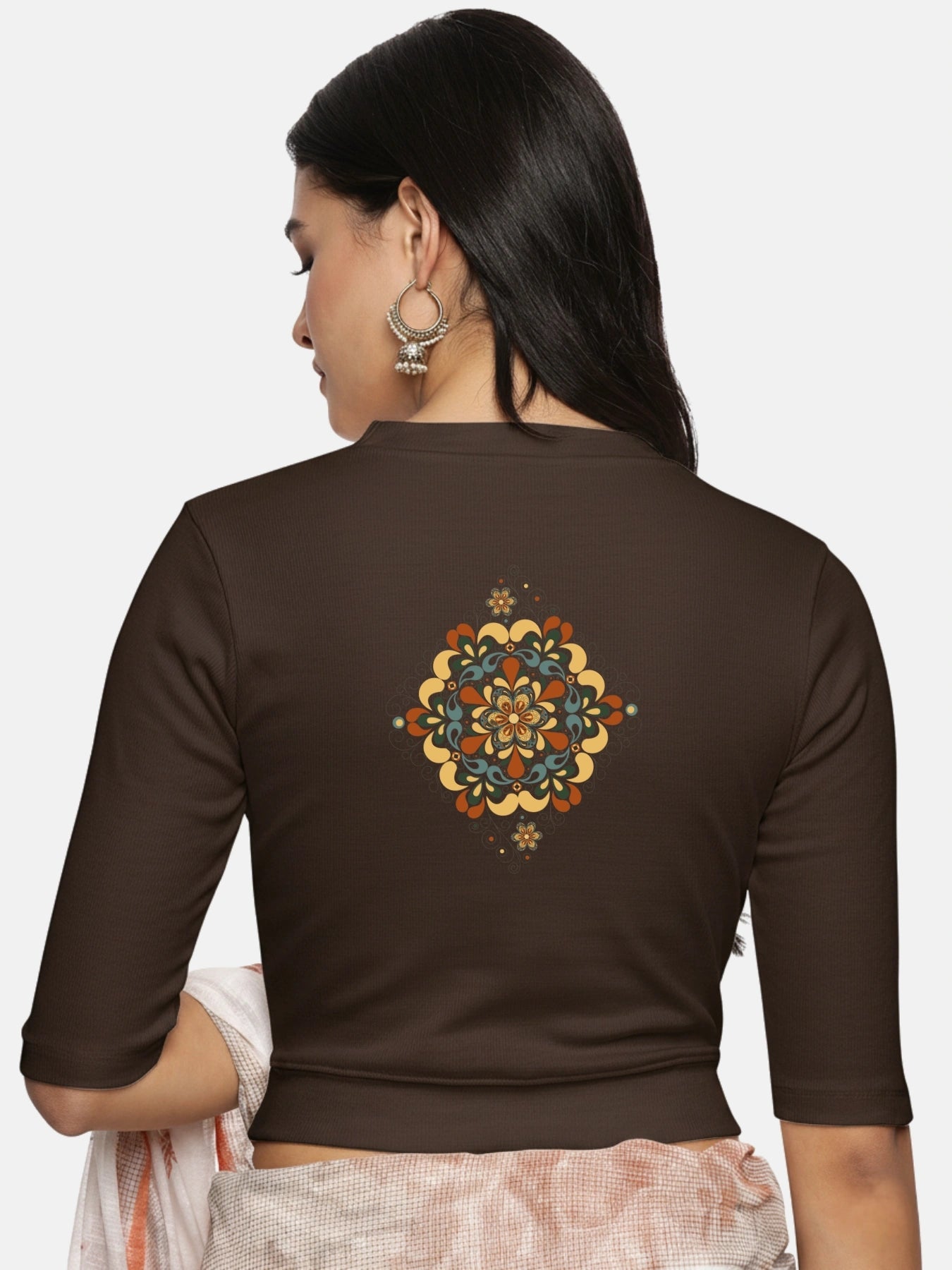 Women Back Printed Stretchable Elbow Sleeve RIB Blouse U0167 - notyetbyus