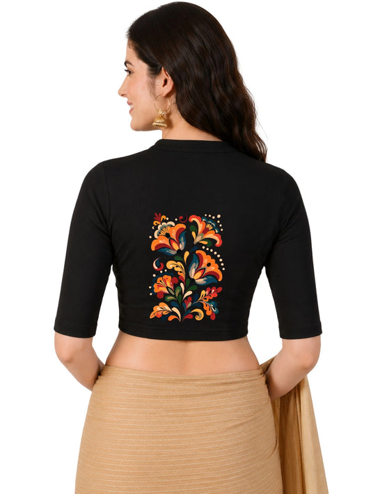 Women Mandarin Collar Back Printed Stretchable Elbow Sleeve Blouse U0270 Black