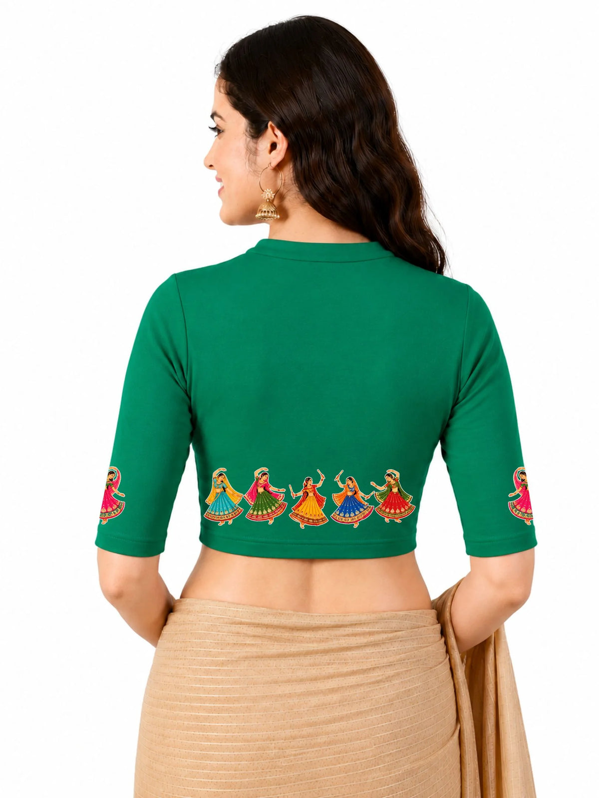 Women Mandarin Collar Back Printed Stretchable Elbow Sleeve Blouse U0281 Emerald Green