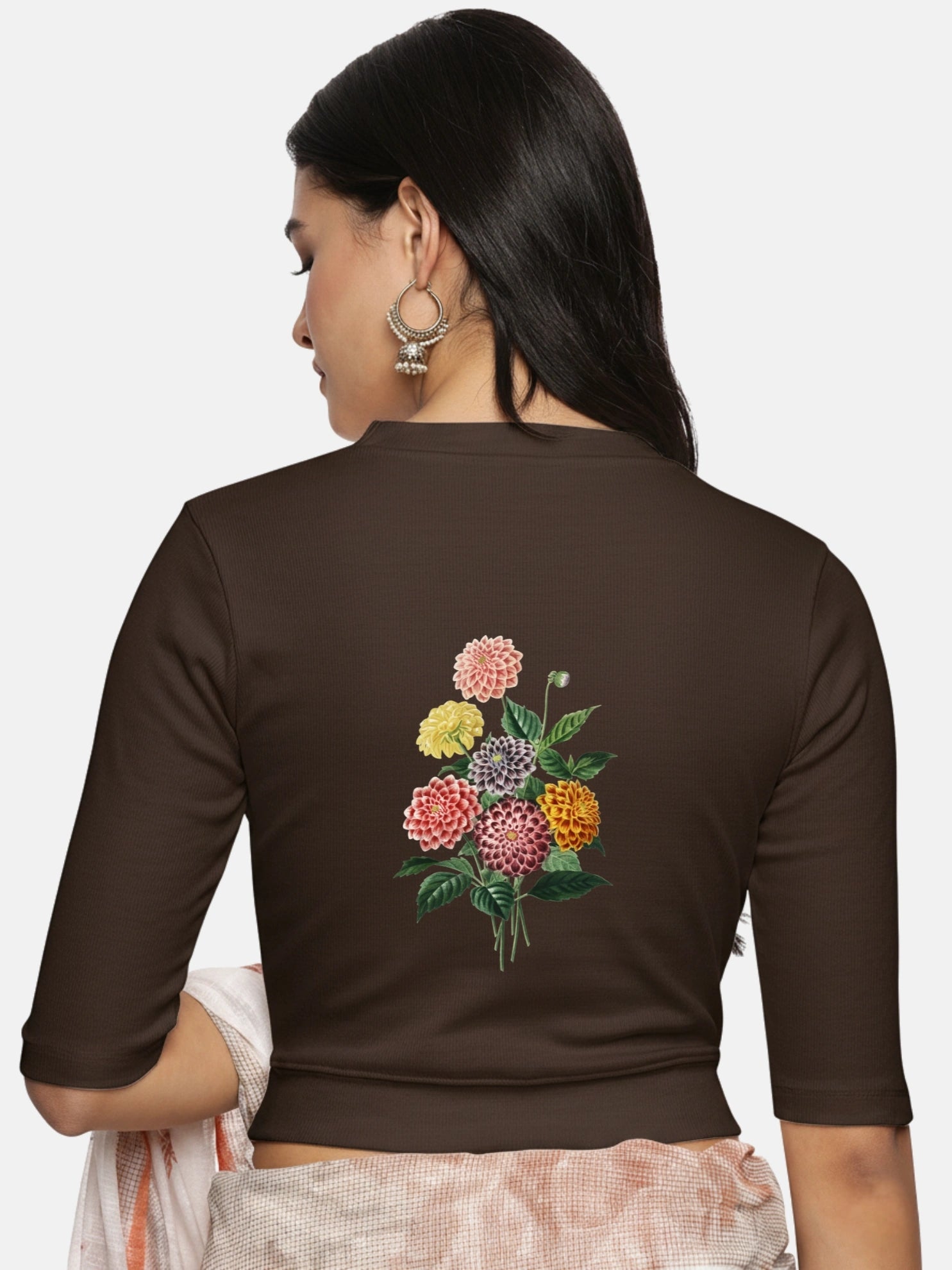 Women Back Printed Stretchable Elbow Sleeve RIB Blouse U0171 - notyetbyus