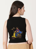 Women Back Printed Stretchable Sleeveless Close Neck RIB Blouse U0255 Black