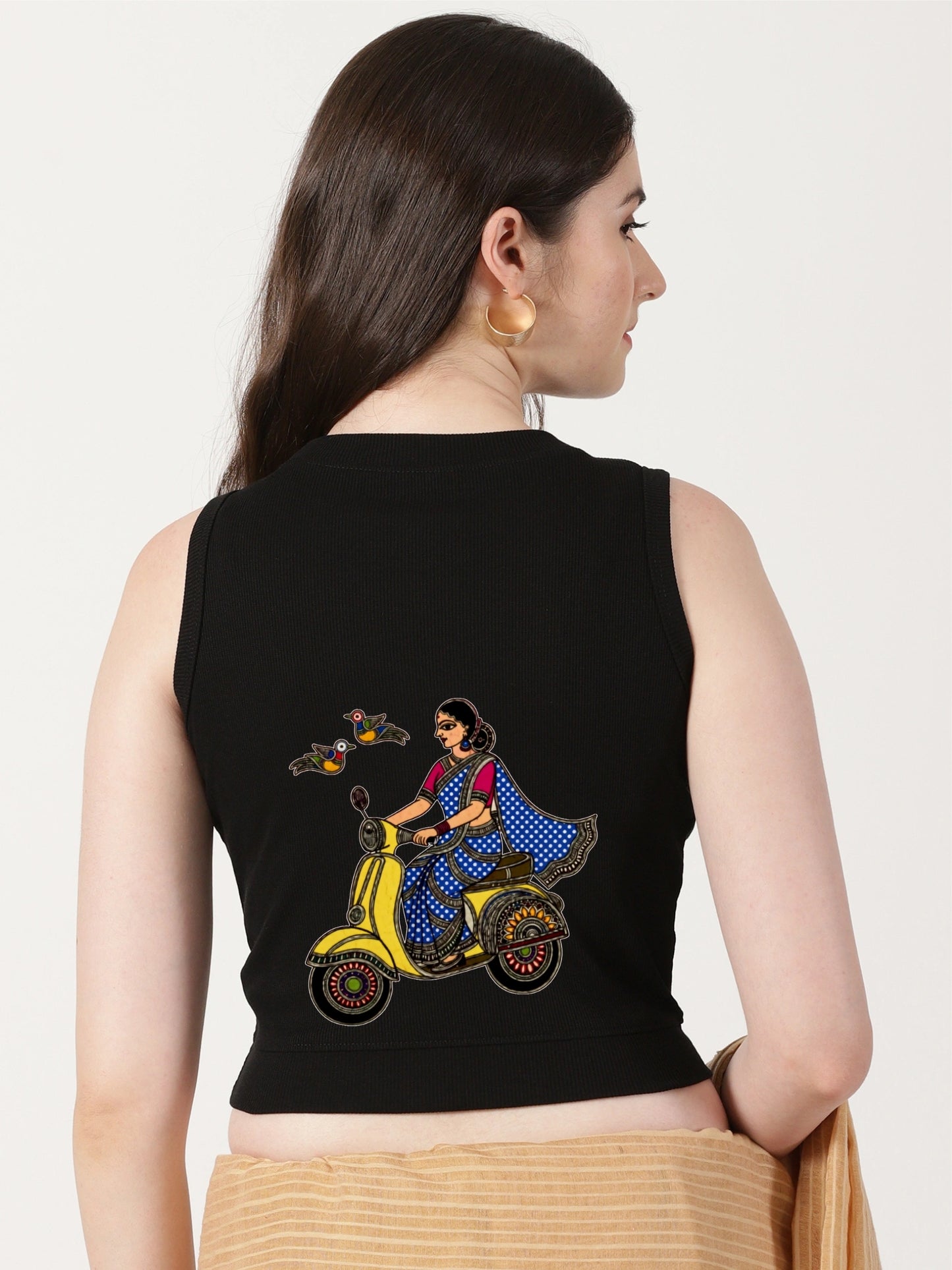 Women Back Printed Stretchable Sleeveless Close Neck RIB Blouse U0255 Black