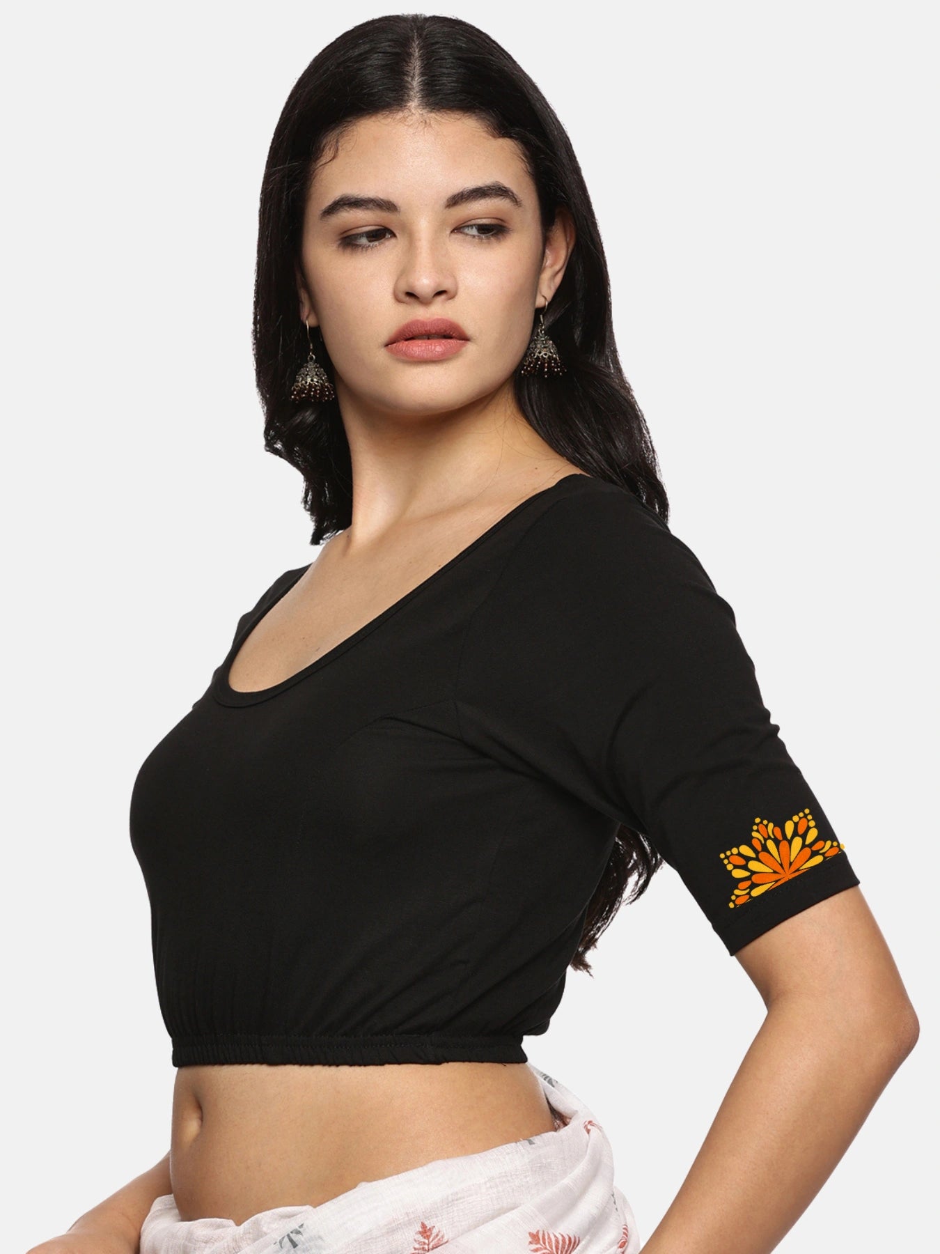 Women Back Printed Stretchable Half Sleeve Blouse U0175 Black