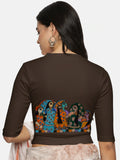 Women Back Printed Stretchable Elbow Sleeve RIB Blouse U0160 Coffee Brown