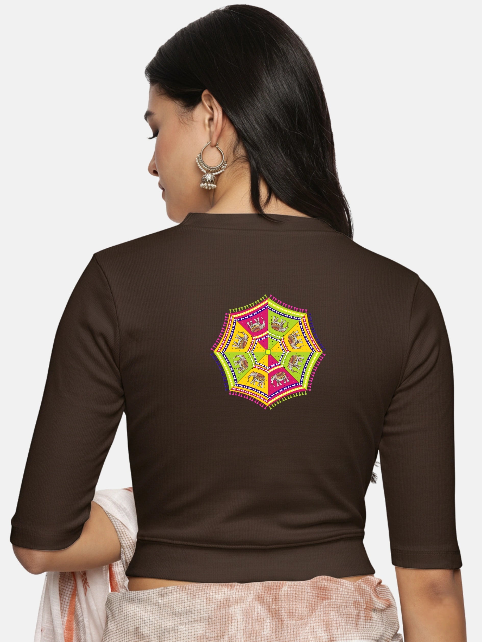 Women Back Printed Stretchable Elbow Sleeve RIB Blouse U0159 - notyetbyus