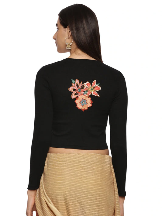 Women Back Printed Stretchable Full Sleeve V Neck RIB Blouse U0214 - notyetbyus