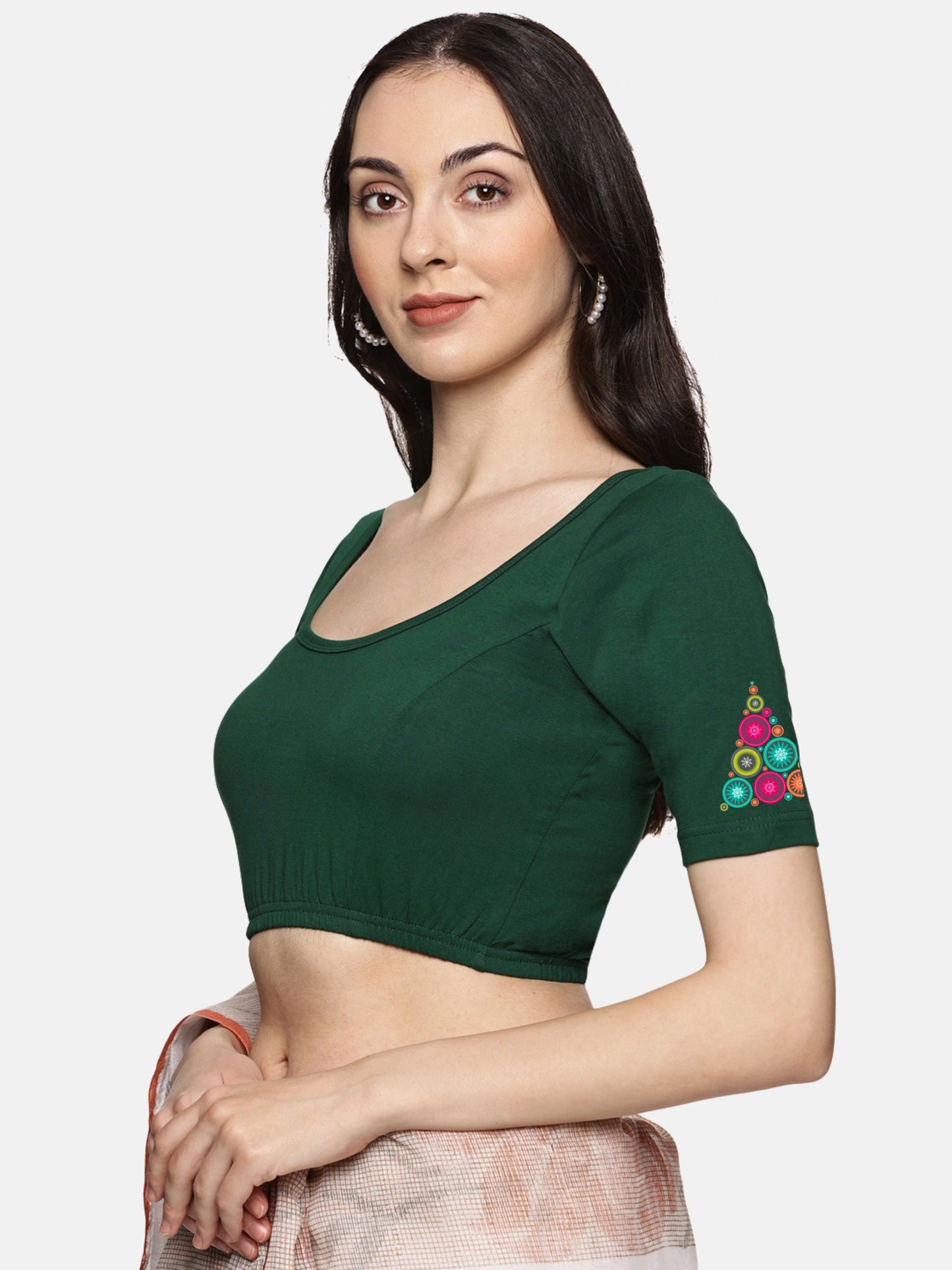 Women Back Printed Stretchable Half Sleeve Blouse U0173 Bottle Green