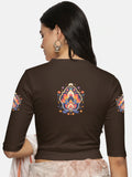 Women Back Printed Stretchable Elbow Sleeve RIB Blouse U0157 Coffee Brown