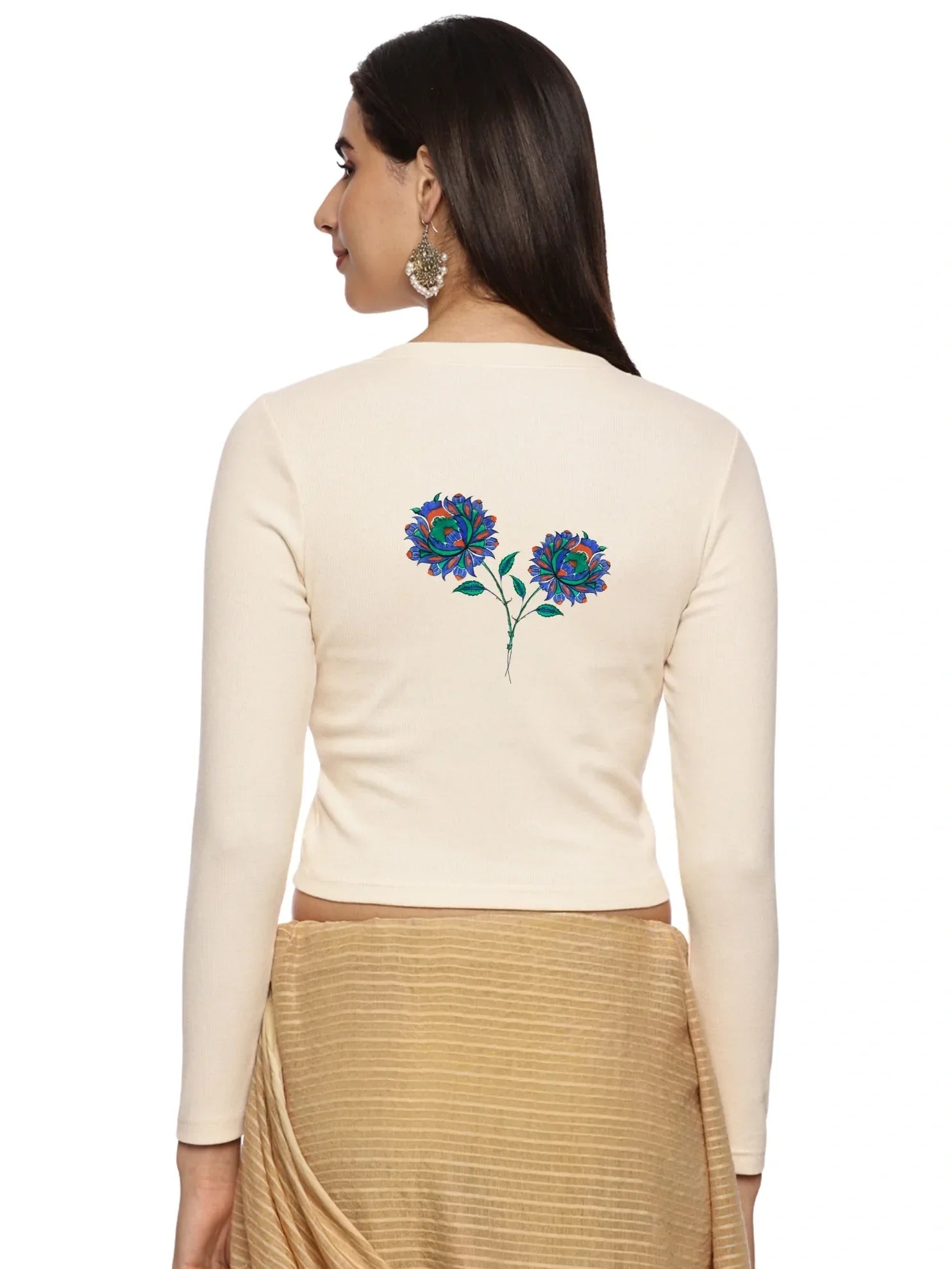 Women Back Printed Stretchable Full Sleeve V Neck RIB Blouse U0216 - notyetbyus