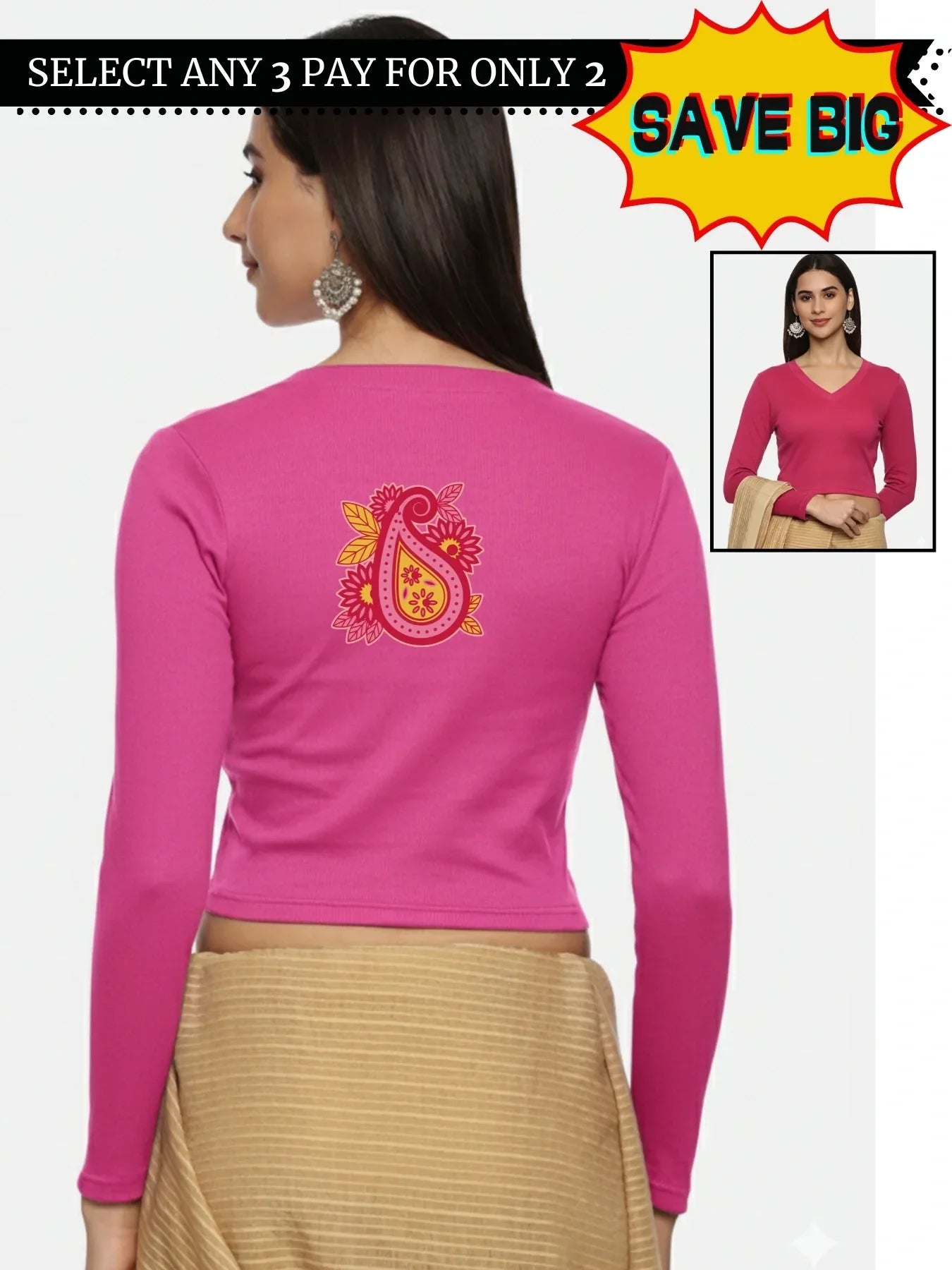 Women Back Printed Stretchable Full Sleeve V Neck RIB Blouse U0218 - notyetbyus