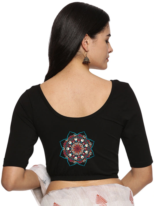 Women Back Printed Stretchable Half Sleeve Blouse U0222 Black