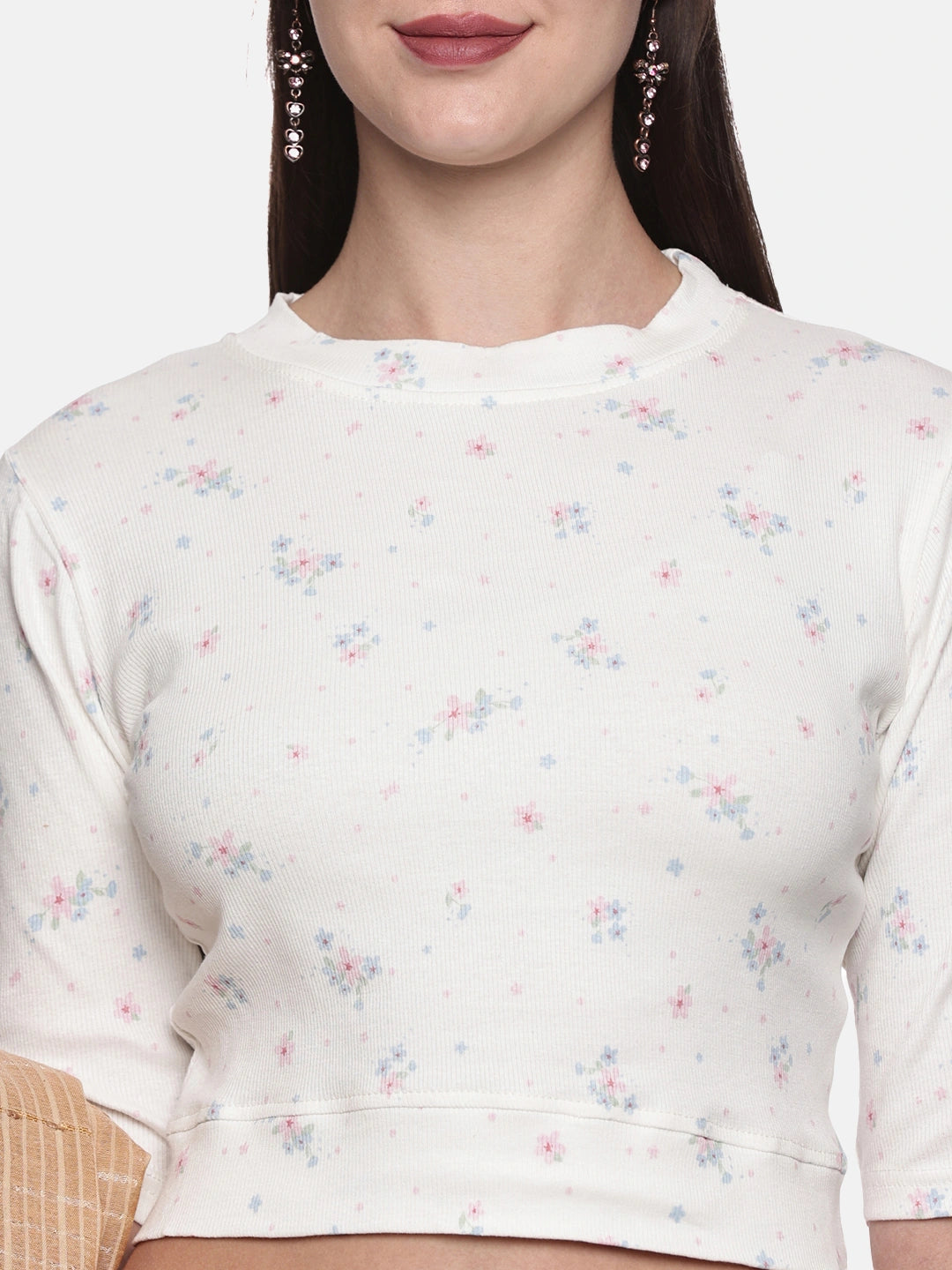 Women Allover Printed Stretchable Elbow Sleeve RIB Blouse UA017 - notyetbyus