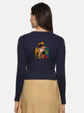 Women Back Printed Stretchable Full Sleeve V Neck RIB Blouse U0185 Navy