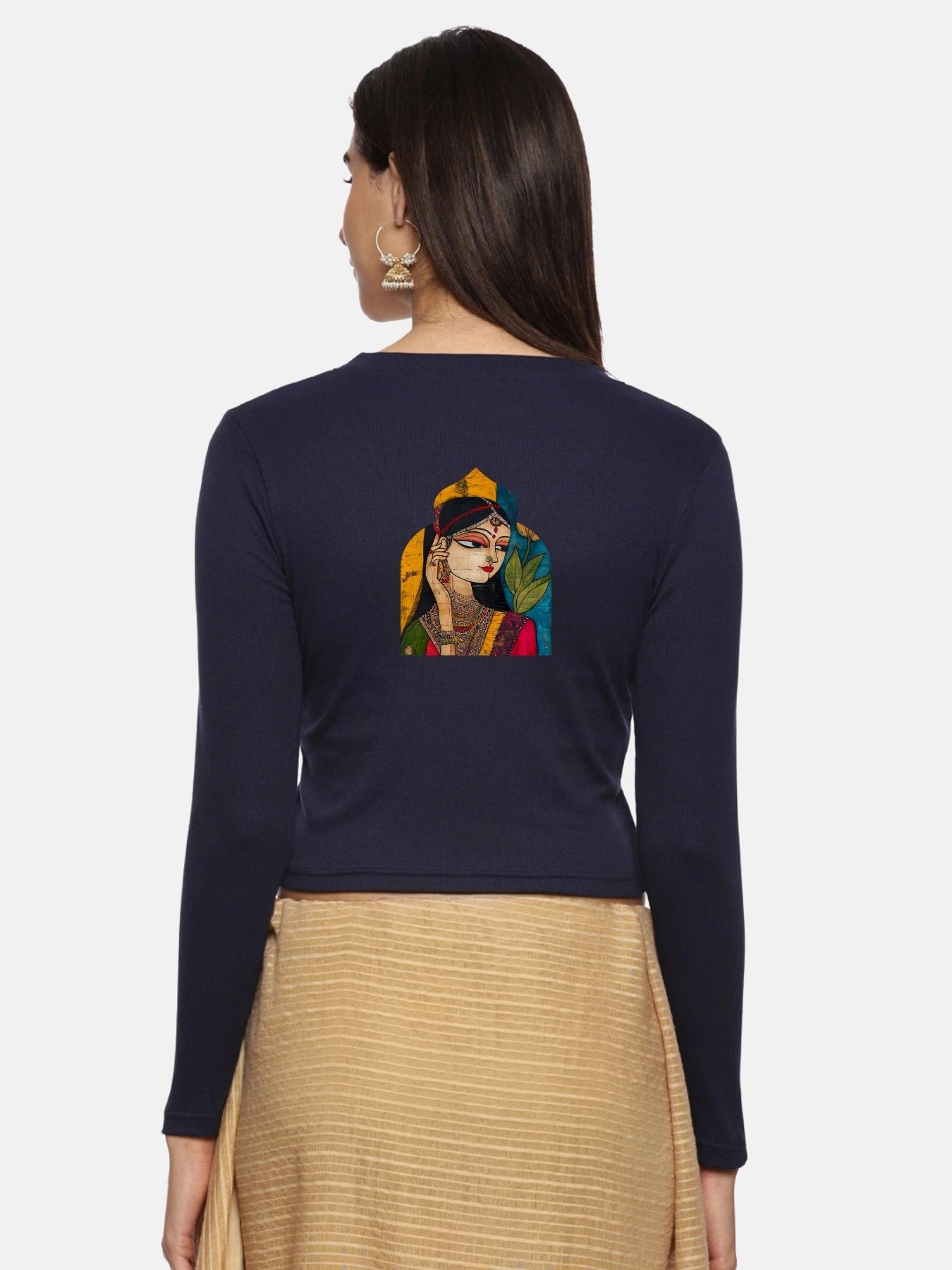 Women Back Printed Stretchable Full Sleeve V Neck RIB Blouse U0185