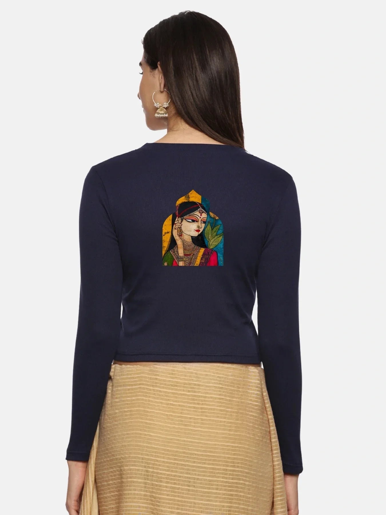 Women Back Printed Stretchable Full Sleeve V Neck RIB Blouse U0185 - notyetbyus