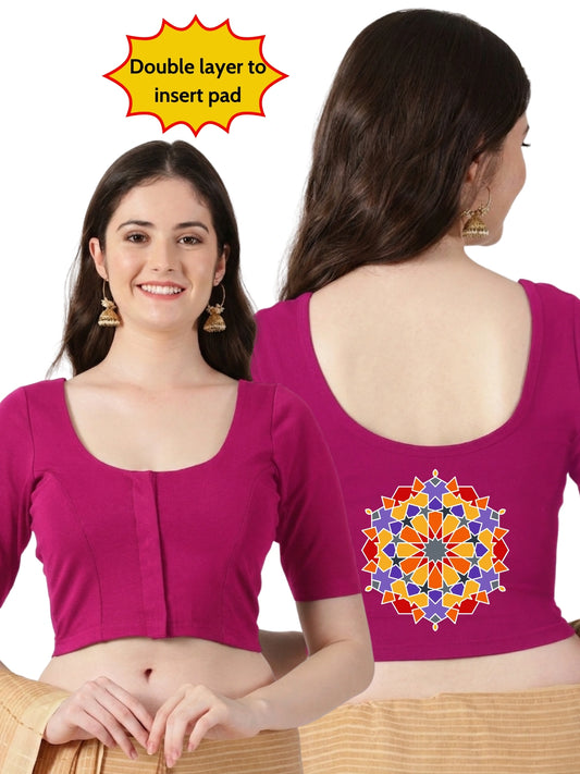 Women Front Open Back Printed Stretchable Half Sleeve Blouse U0266 Rani Pink
