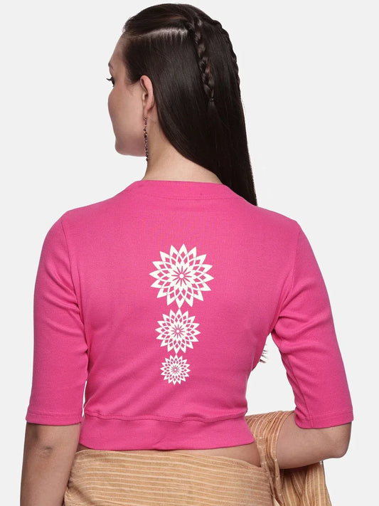 Women Back Printed Stretchable Elbow Sleeve RIB Blouse U0170 - notyetbyus