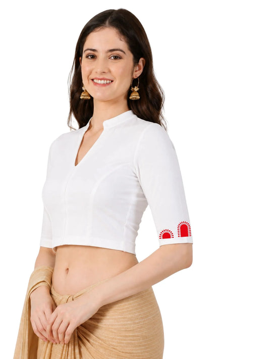 Women Mandarin Collar Back Printed Stretchable Elbow Sleeve Blouse U0274 White
