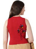Women Back Printed Stretchable Sleeveless Close Neck RIB Blouse U0234 Red