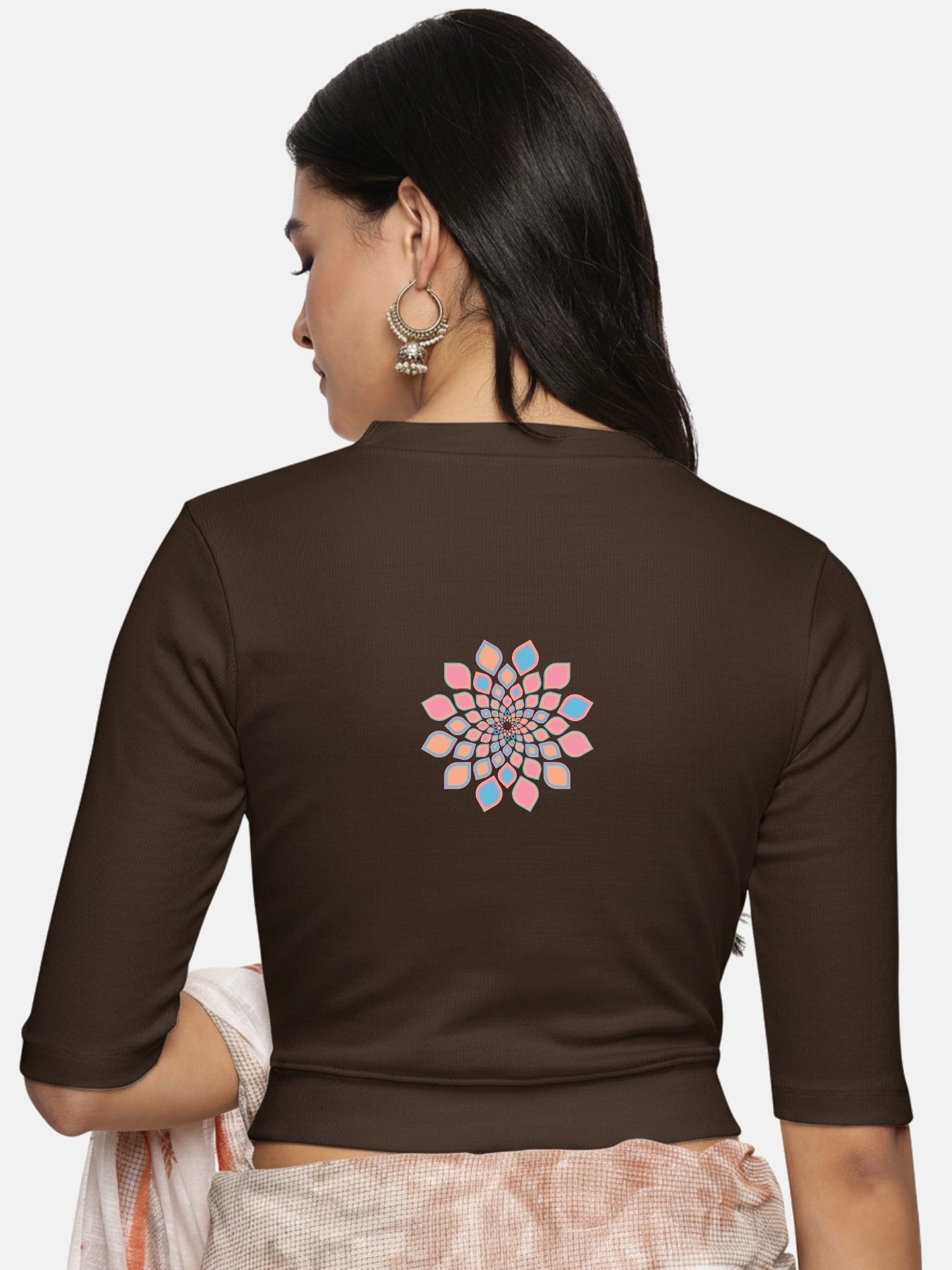 Women Back Printed Stretchable Elbow Sleeve RIB Blouse U0168 - notyetbyus