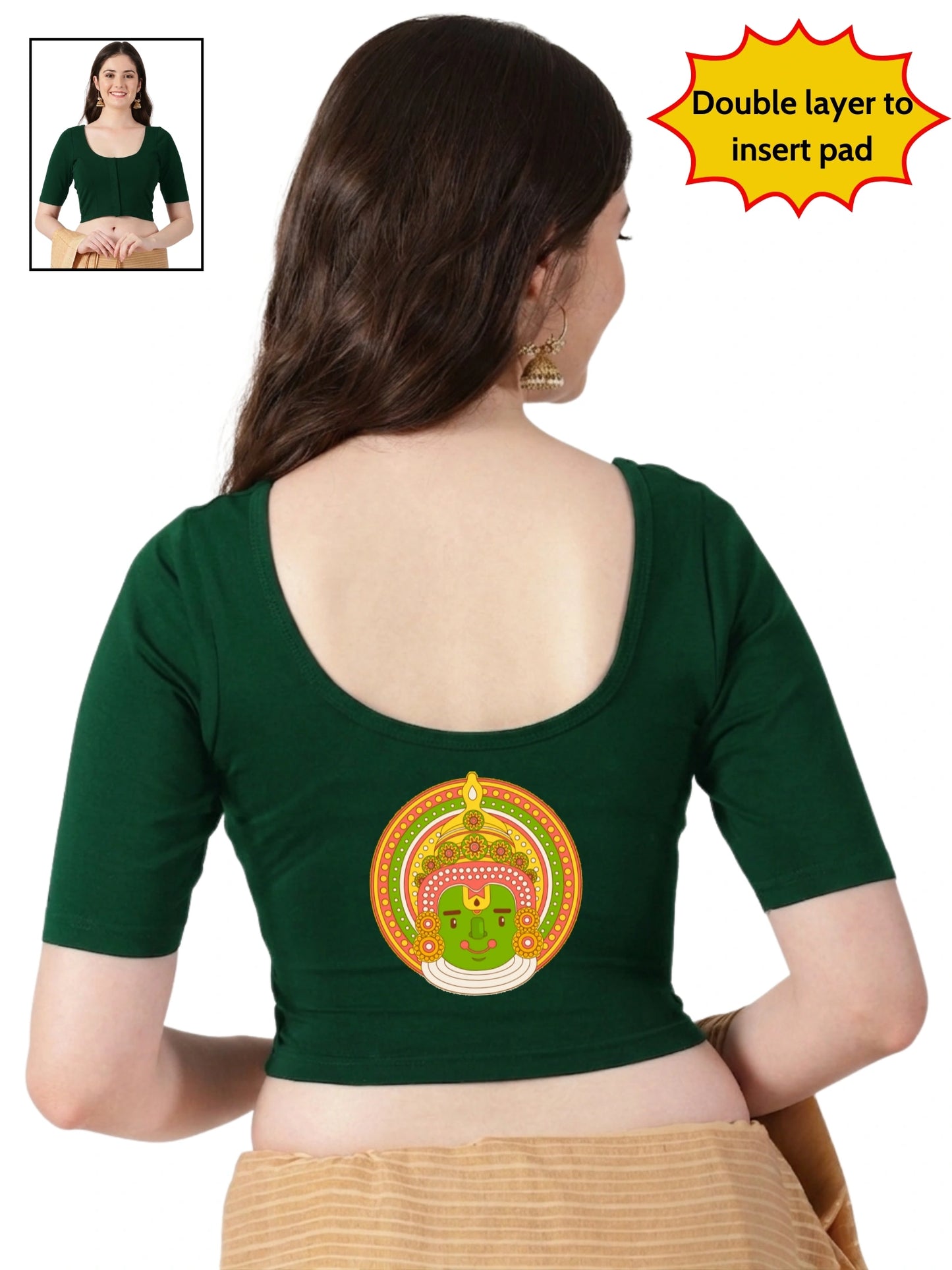 Women Front Open Back Printed Stretchable Half Sleeve Blouse U0263 Bottle Green