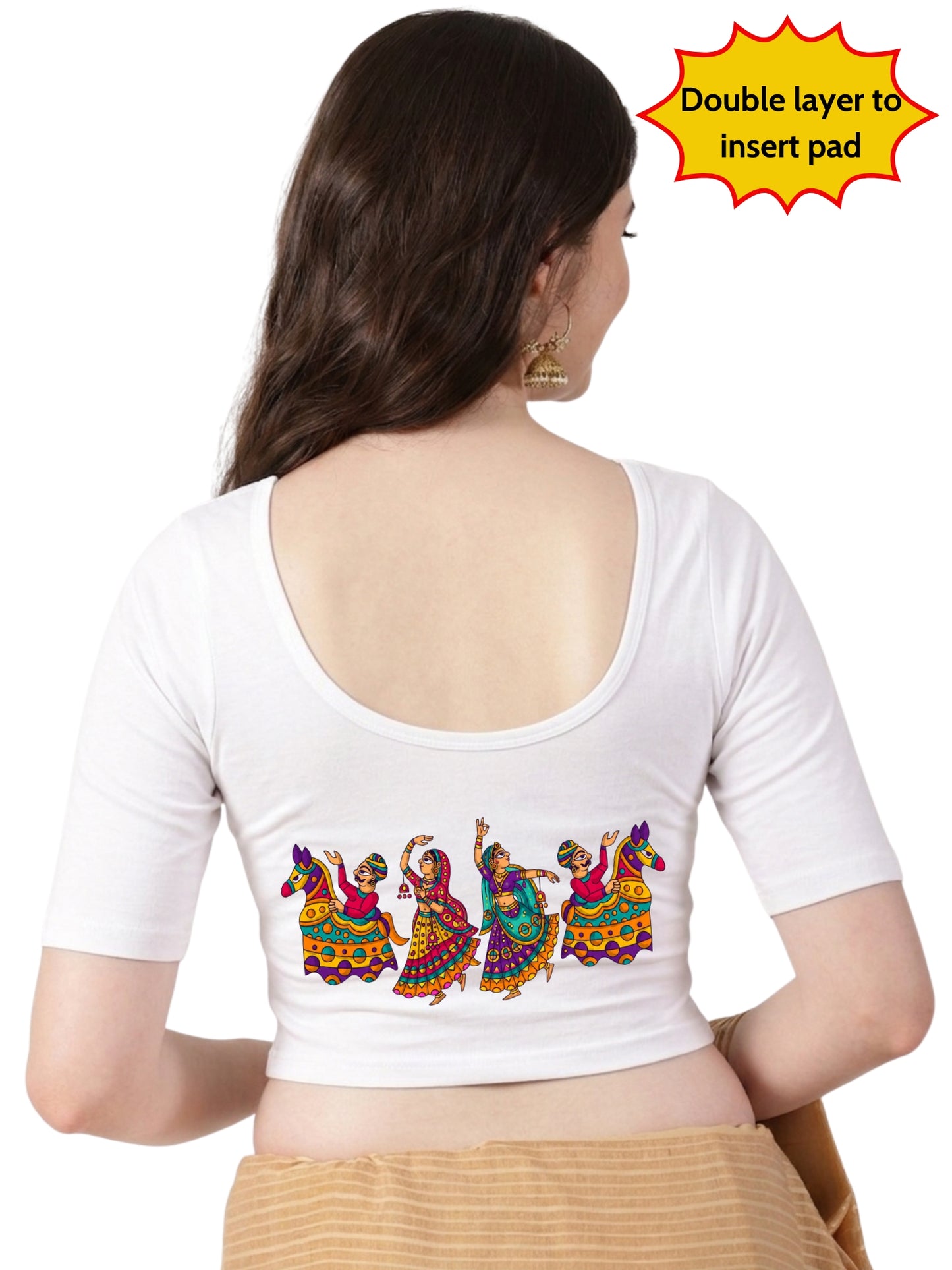 Women Front Open Back Printed Stretchable Half Sleeve Blouse U0260 White