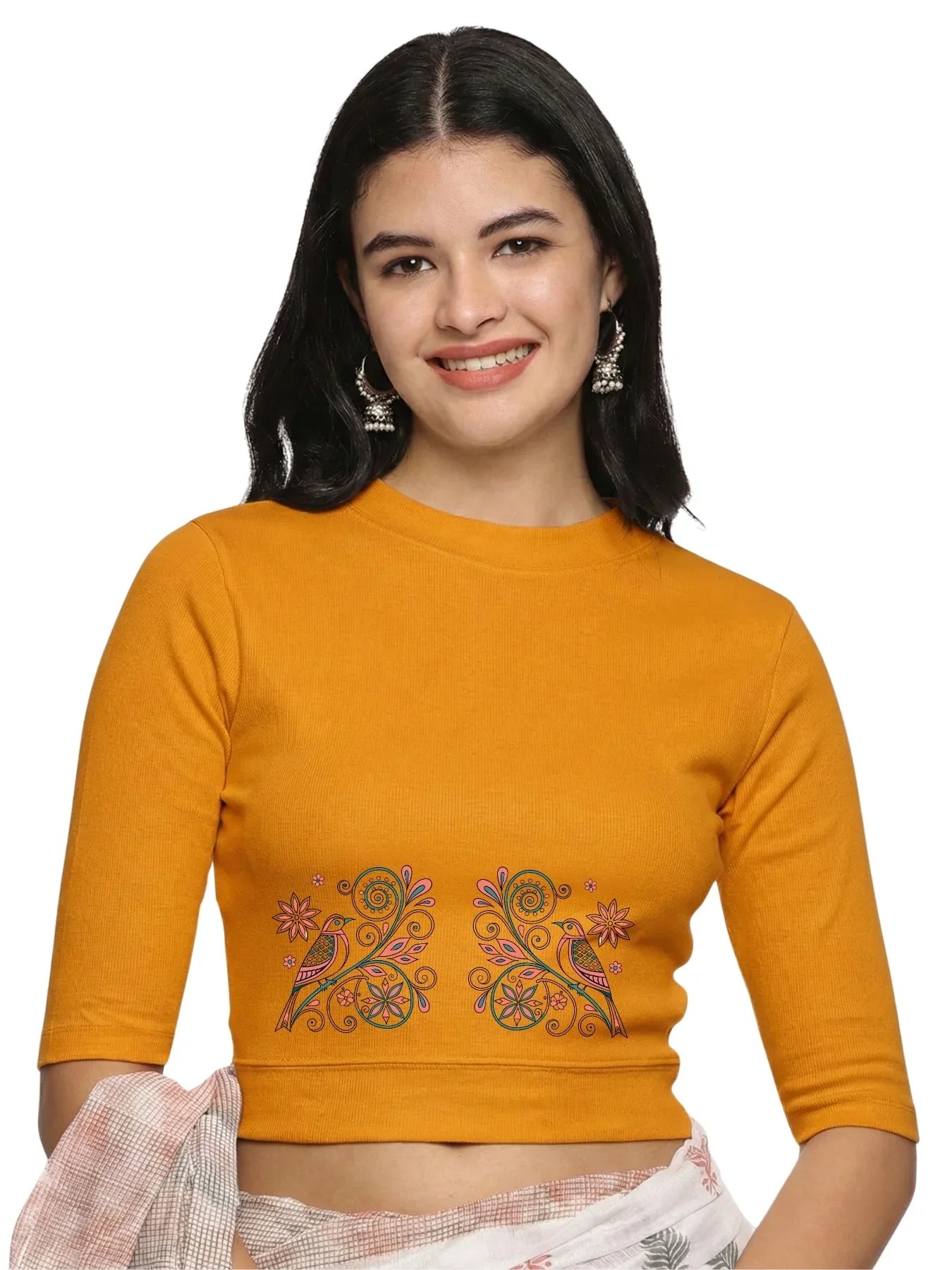 Women Back Printed Stretchable Elbow Sleeve RIB Blouse U0156 - notyetbyus