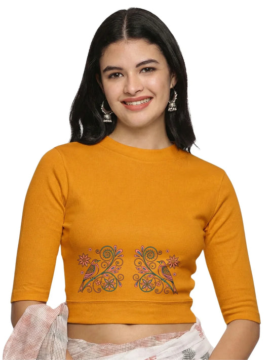 Women Back Printed Stretchable Elbow Sleeve RIB Blouse U0156 - notyetbyus