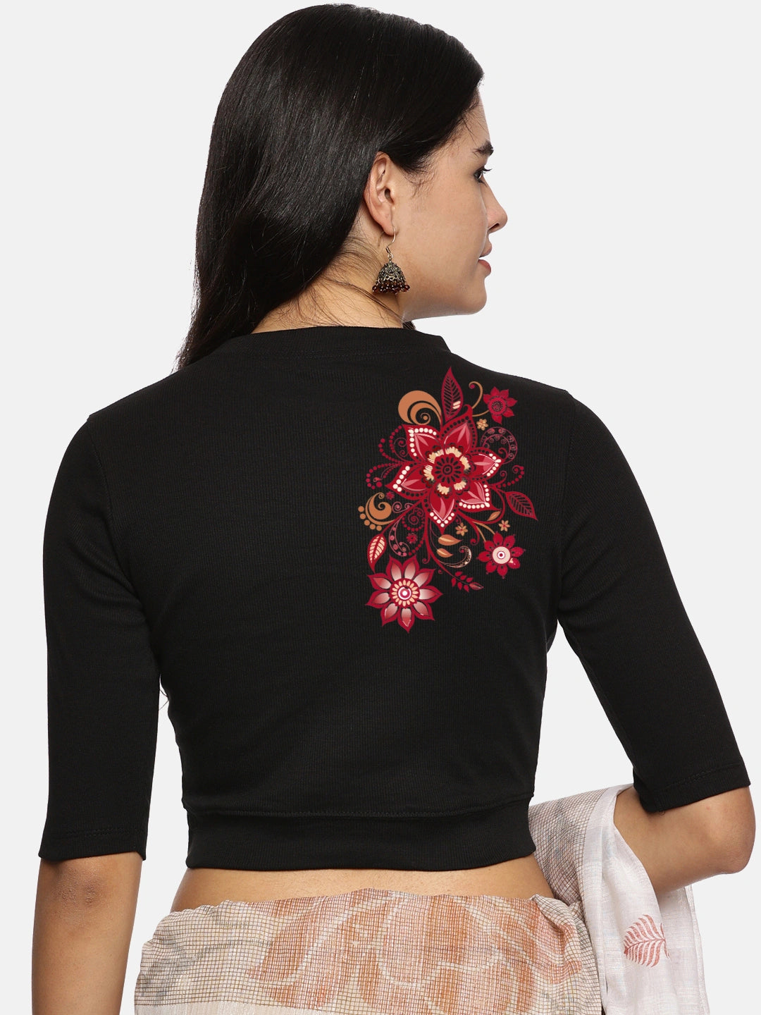 Women Back Printed Stretchable Elbow Sleeve RIB Blouse U0122 - notyetbyus