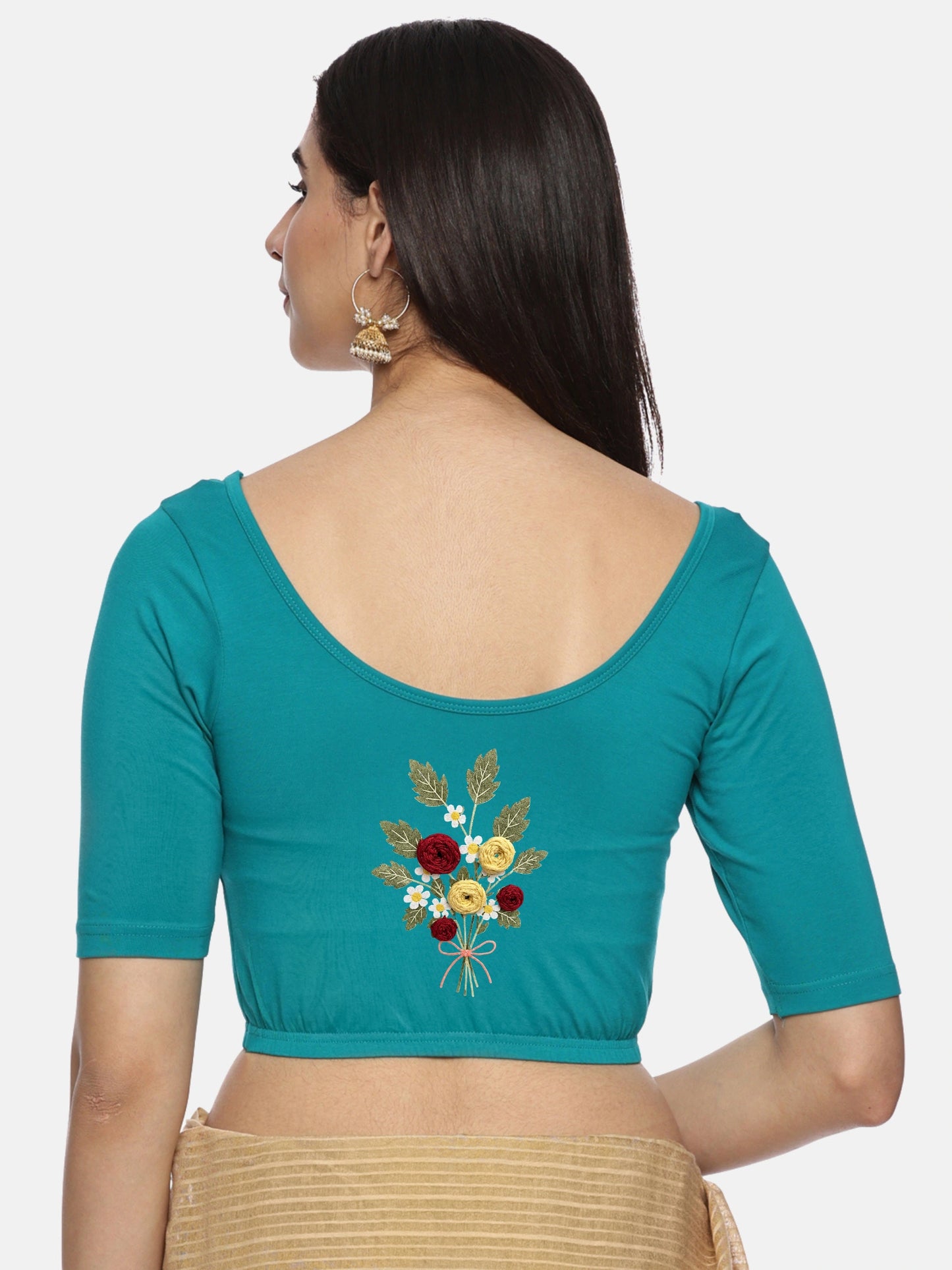 DIY Embroidery Kit with Women Stretchable Half Sleeve Blouse E010 –Rama Green