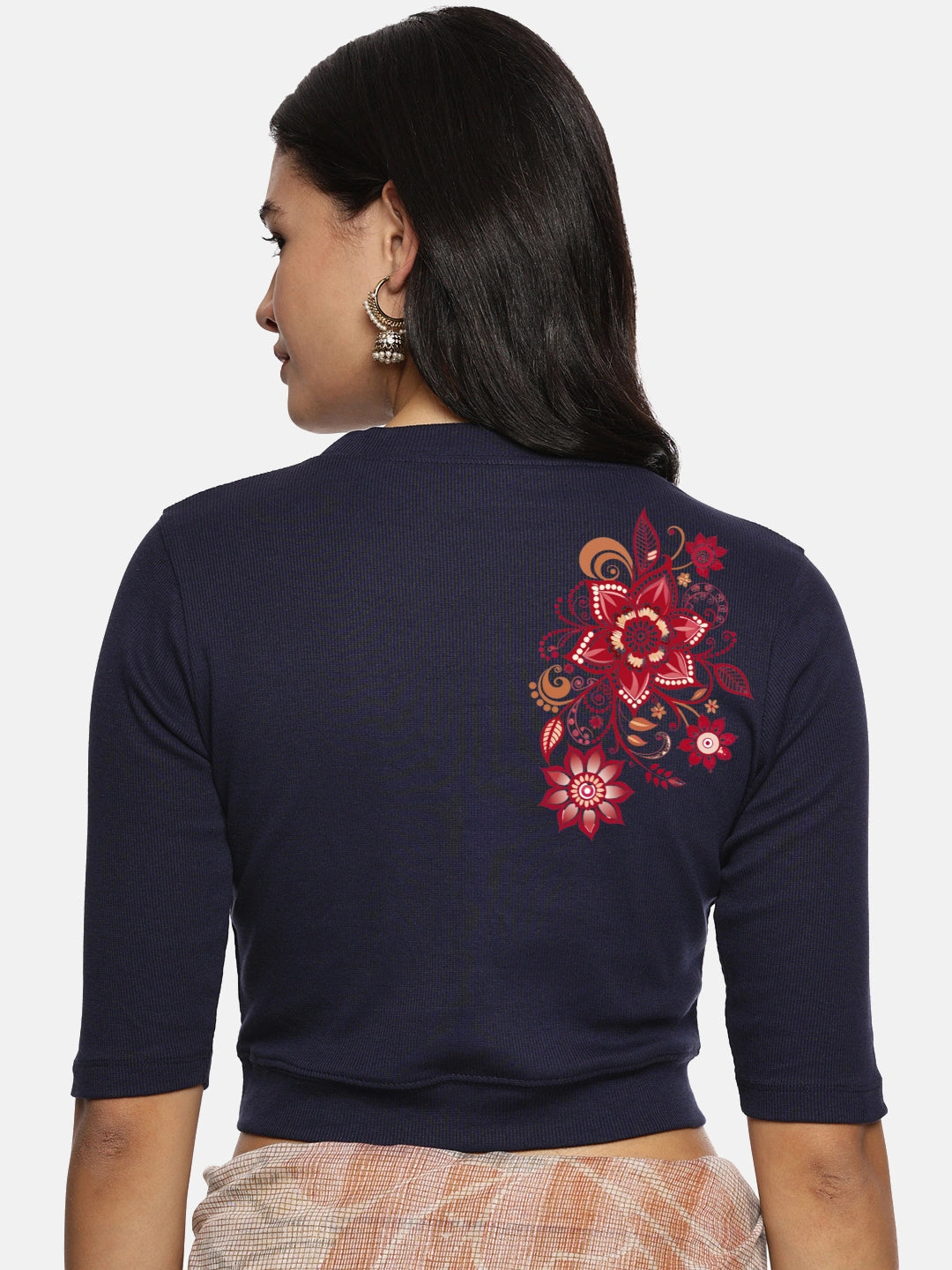 Women Back Printed Stretchable Elbow Sleeve RIB Blouse U0122 - notyetbyus
