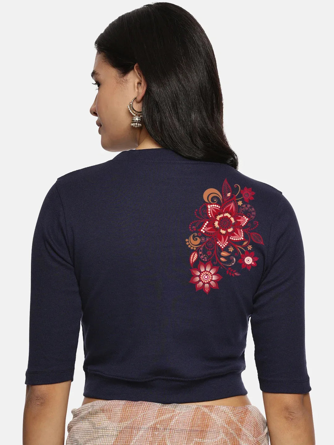 Women Back Printed Stretchable Elbow Sleeve RIB Blouse U0122 - notyetbyus