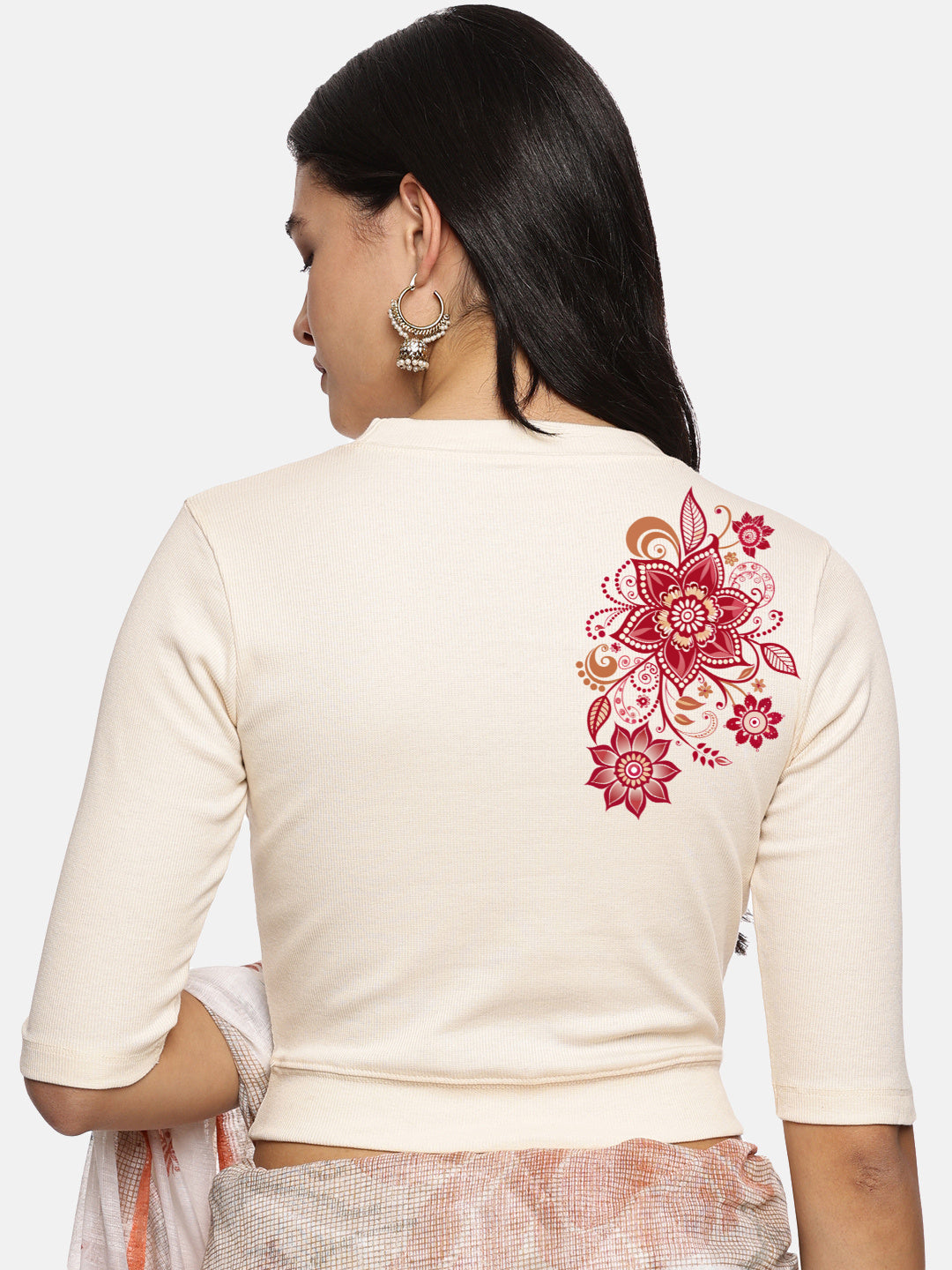 Women Back Printed Stretchable Elbow Sleeve RIB Blouse U0122 - notyetbyus