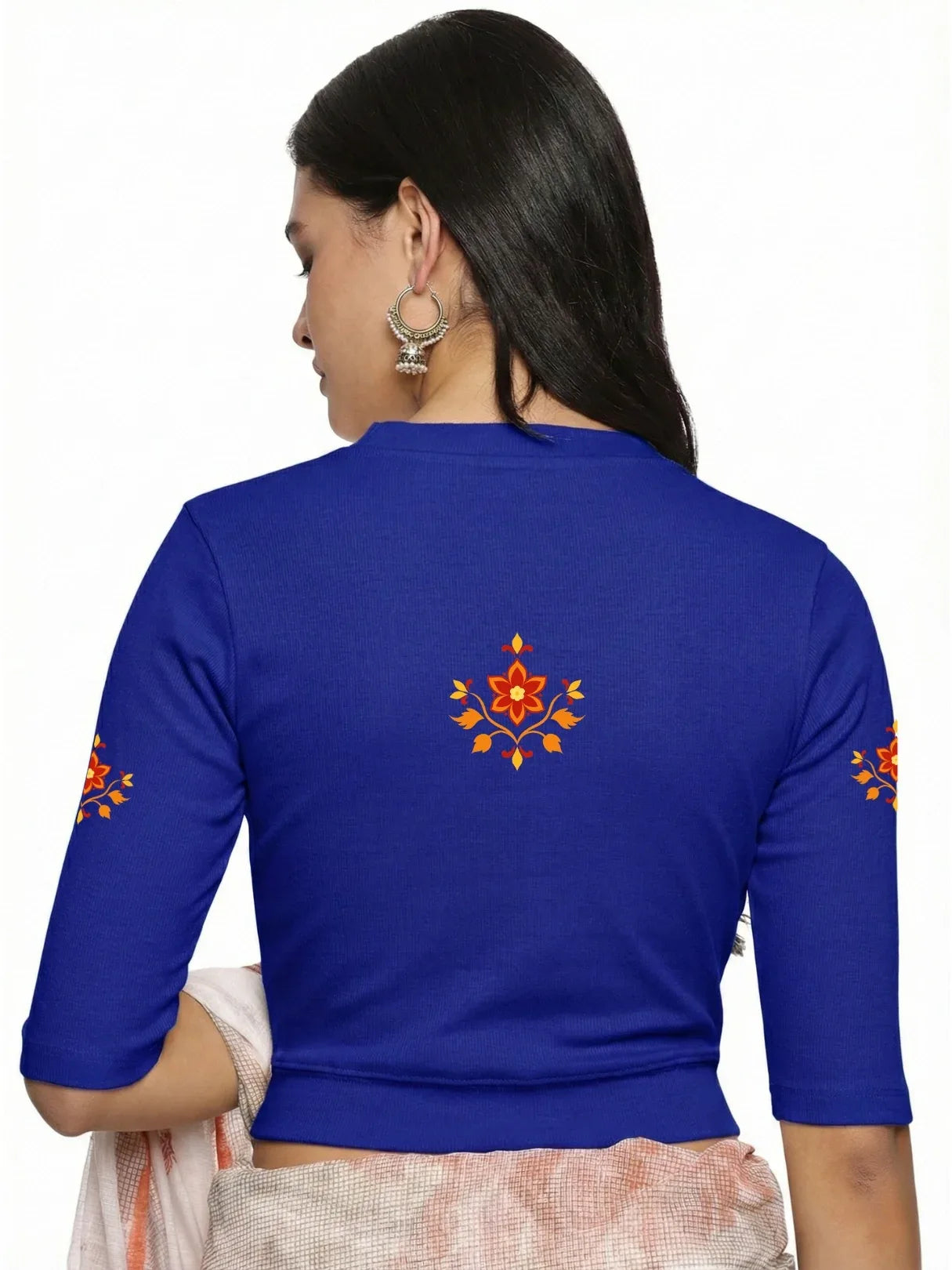 Women Back Printed Stretchable Elbow Sleeve RIB Blouse U0158 - notyetbyus