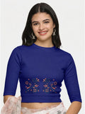 Women Back Printed Stretchable Elbow Sleeve RIB Blouse U0156 Royal Blue