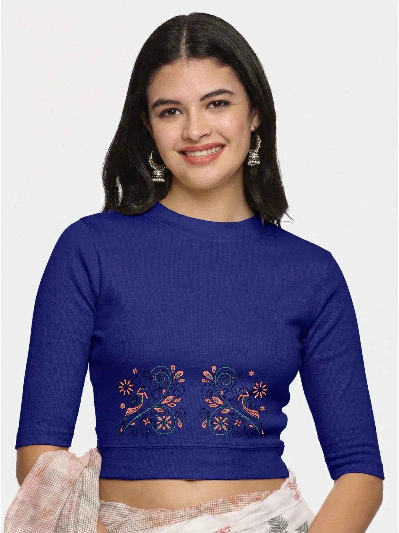 Women Back Printed Stretchable Elbow Sleeve RIB Blouse U0156 - notyetbyus