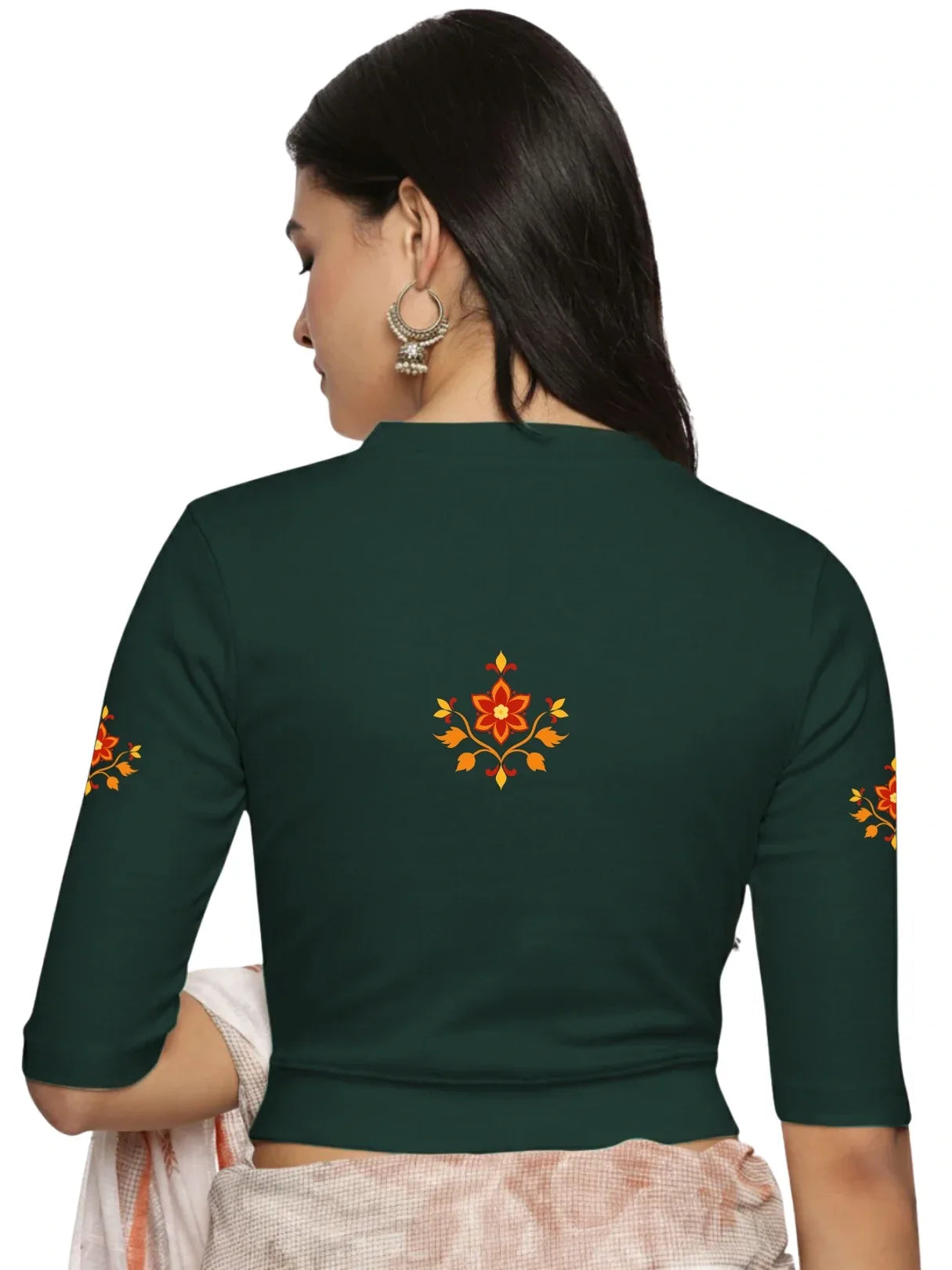 Women Back Printed Stretchable Elbow Sleeve RIB Blouse U0158 - notyetbyus