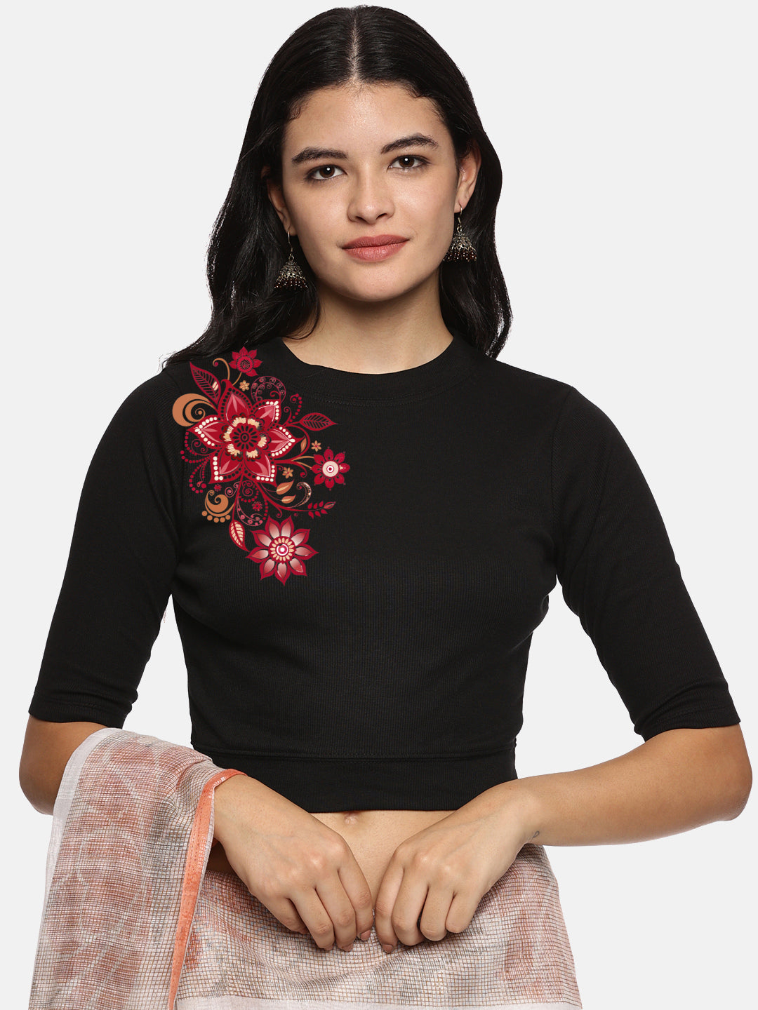 Women Back Printed Stretchable Elbow Sleeve RIB Blouse U0122 - notyetbyus