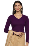 Women Plain Stretchable Full Sleeve V Neck RIB Blouse U0191 Violet