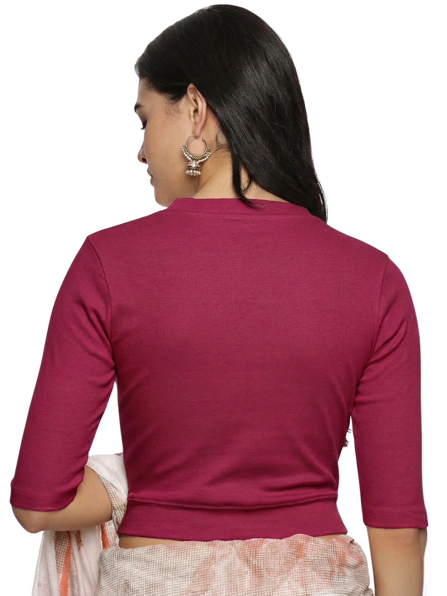 Women Plain Stretchable Elbow Sleeve RIB Blouse U0121 Wine Pink