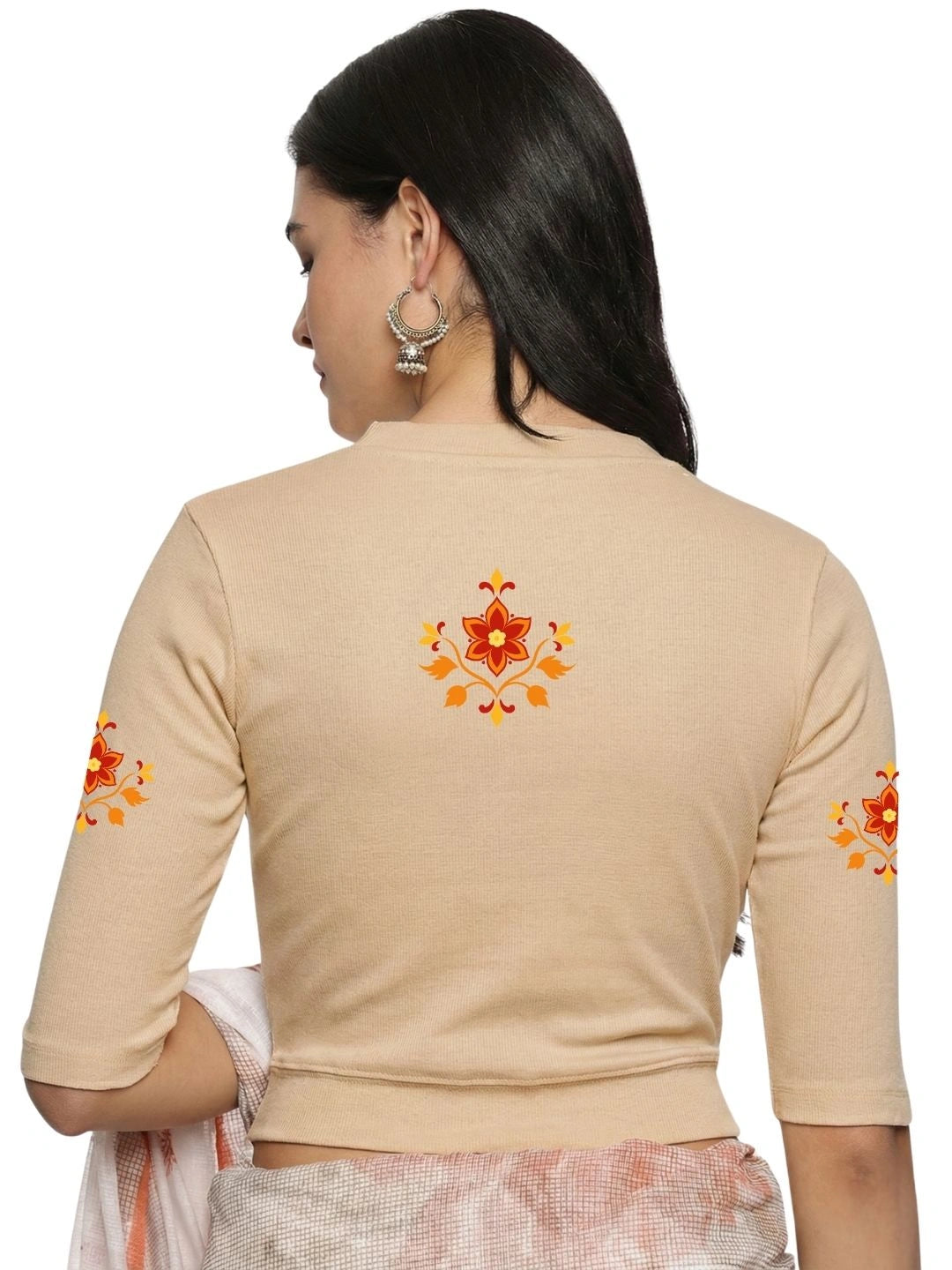 Women Back Printed Stretchable Elbow Sleeve RIB Blouse U0158 Chikoo