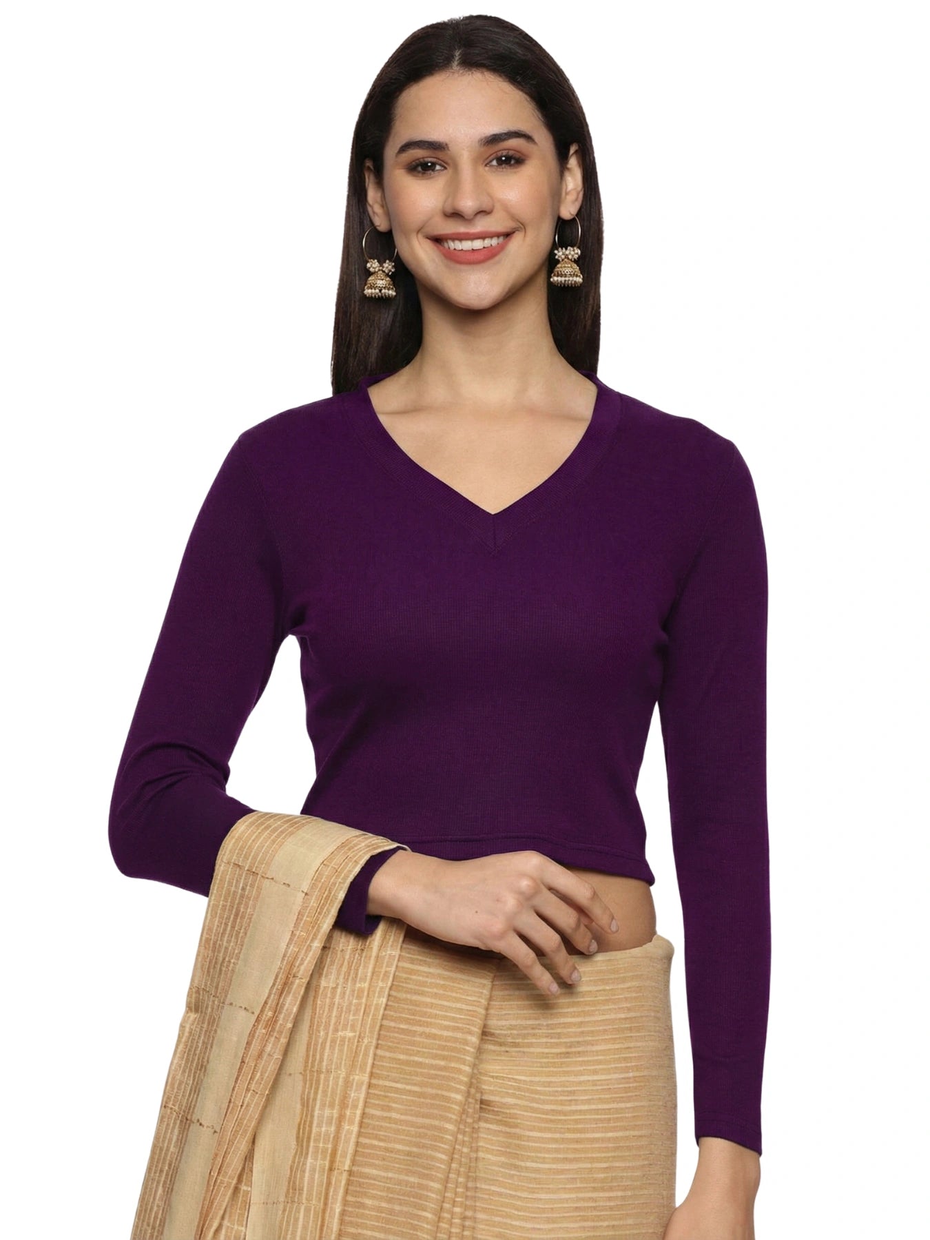 Women Back Printed Stretchable Full Sleeve V Neck RIB Blouse U0185 Violet