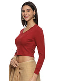 Women Plain Stretchable Full Sleeve V Neck RIB Blouse U0191 Red