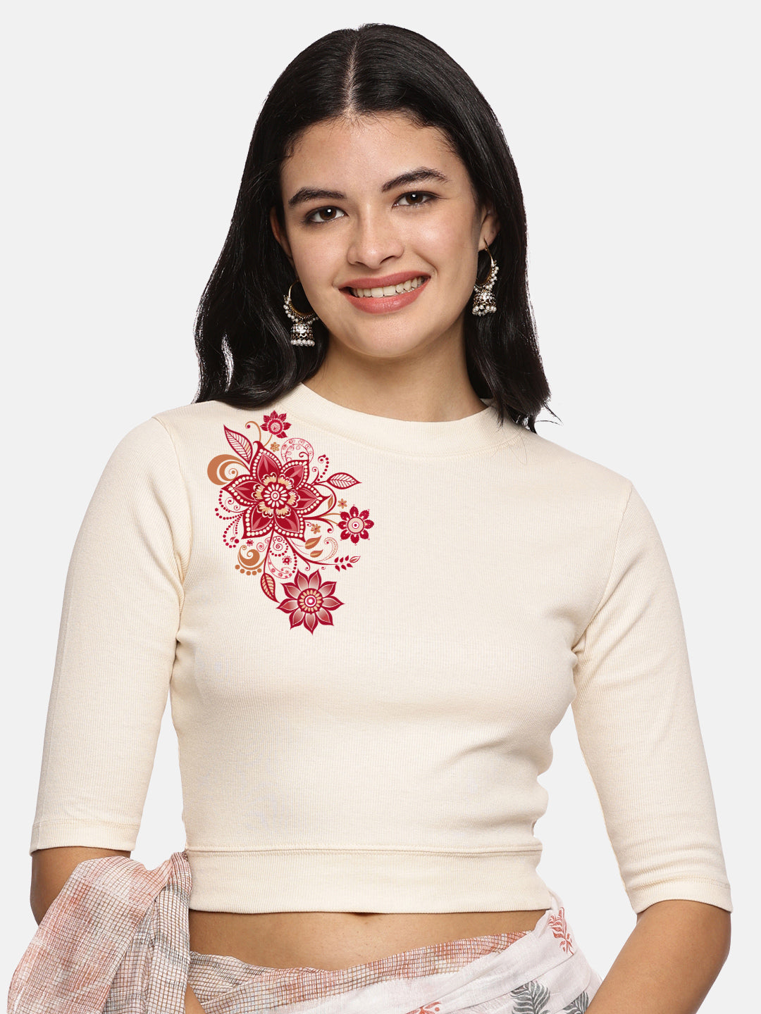 Women Back Printed Stretchable Elbow Sleeve RIB Blouse U0122 - notyetbyus