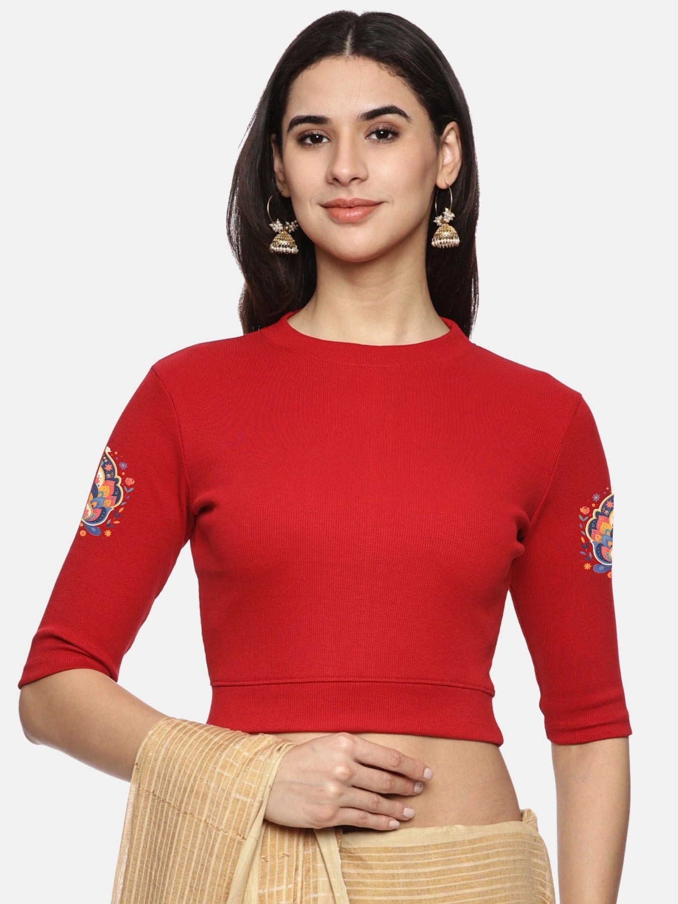 Women Back Printed Stretchable Elbow Sleeve RIB Blouse U0157 Red