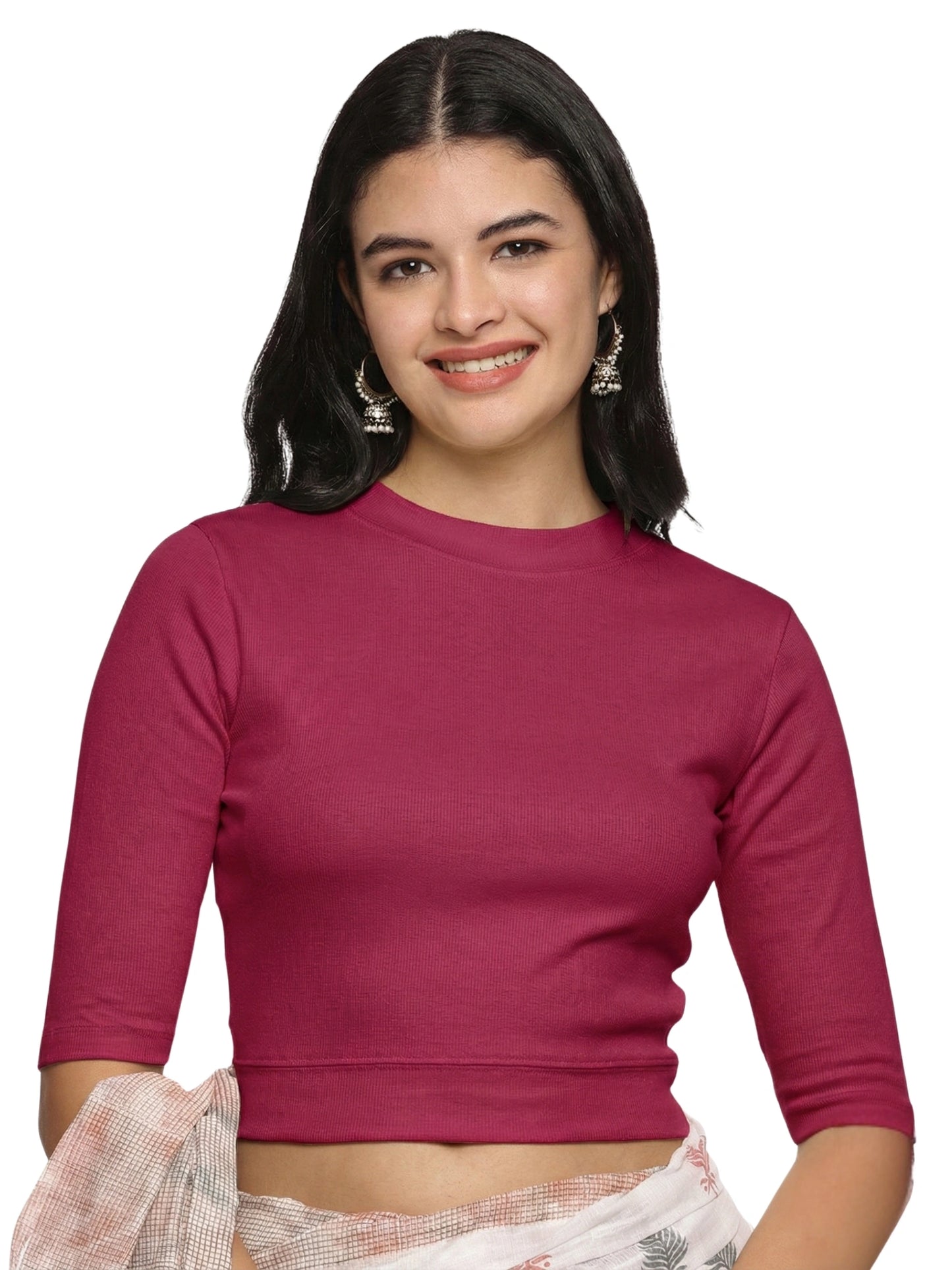 Women Back Printed Stretchable Elbow Sleeve RIB Blouse U0171 Wine Pink