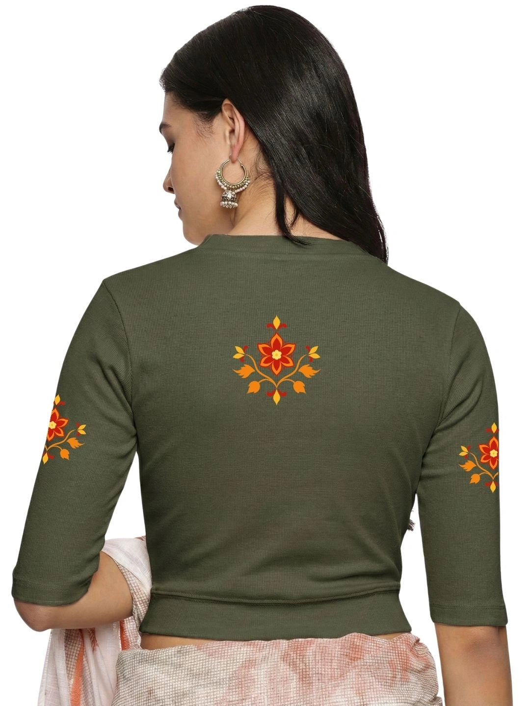 Women Back Printed Stretchable Elbow Sleeve RIB Blouse U0158 Olive Green