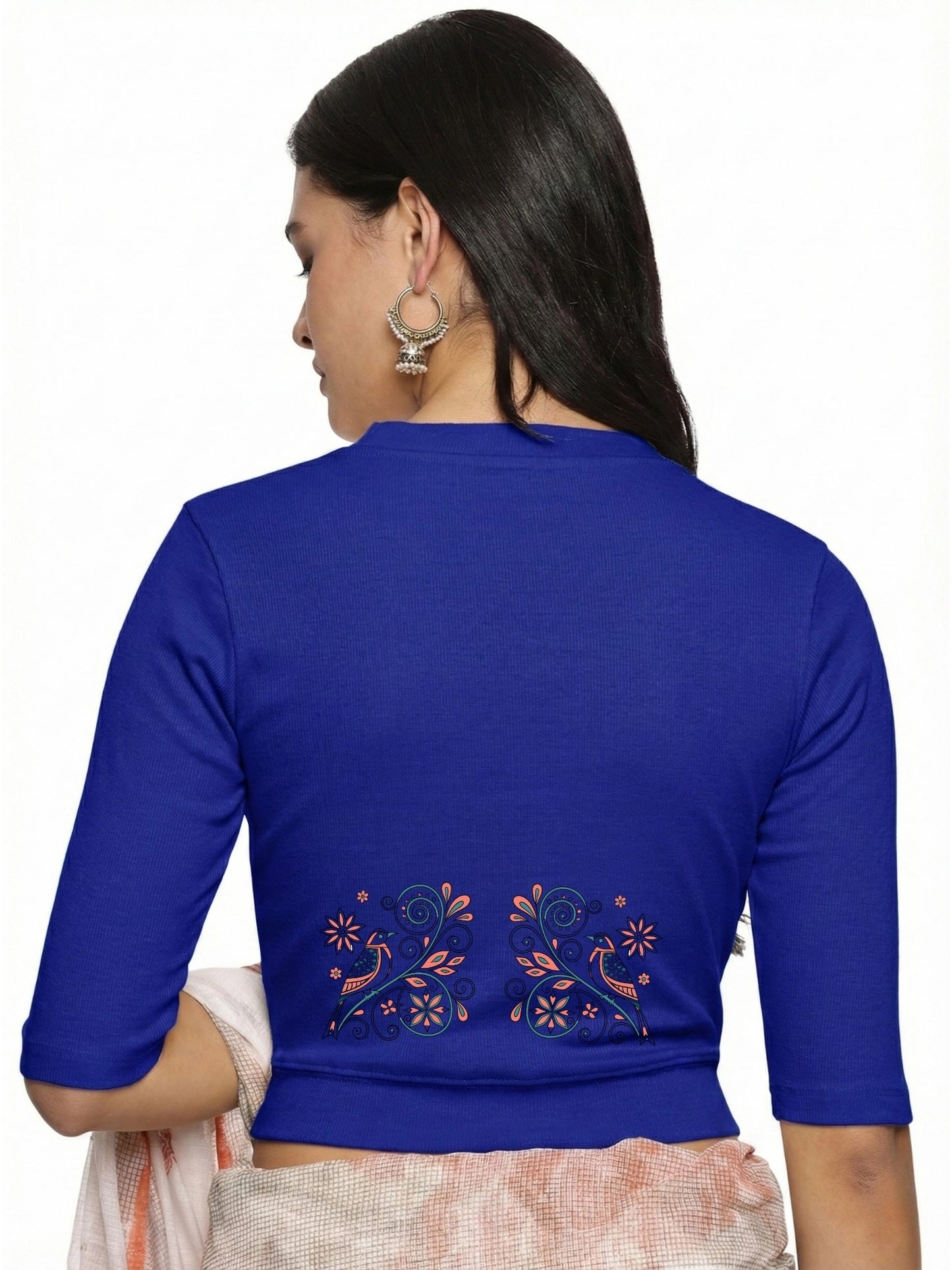 Women Back Printed Stretchable Elbow Sleeve RIB Blouse U0156 Royal Blue