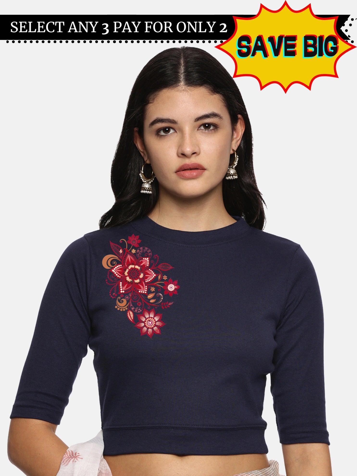 Women Back Printed Stretchable Elbow Sleeve RIB Blouse U0122 - notyetbyus