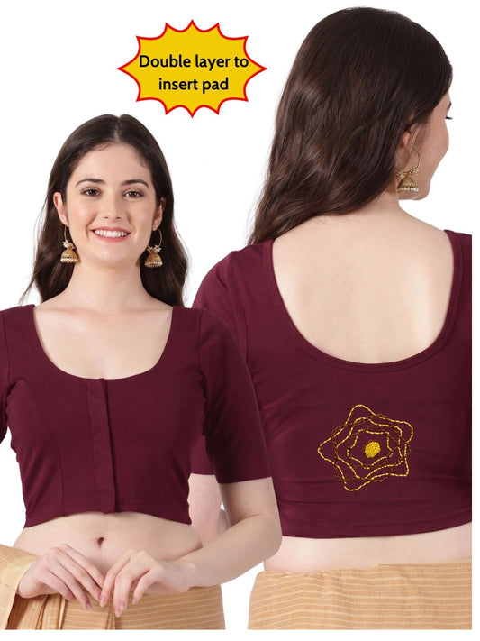 DIY Embroidery Kit with Women Front Open Stretchable Half Sleeve Blouse E02 – Maroon